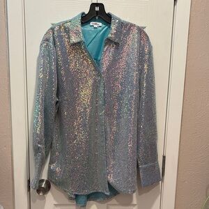 Glittery Button Down Shirt in Iridescent Blue